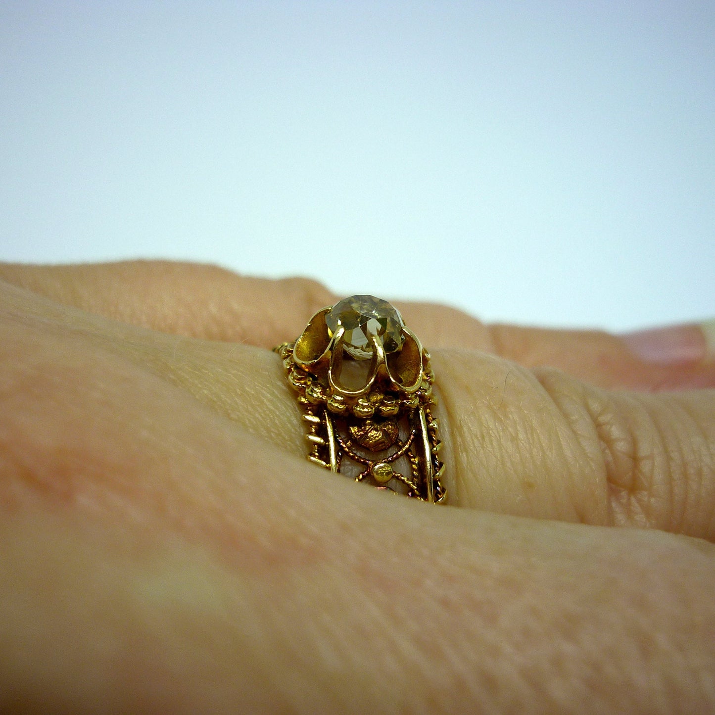 Victorian Mine Cut Champagne Diamond Ring: Rose Gold Filigree, Size 5