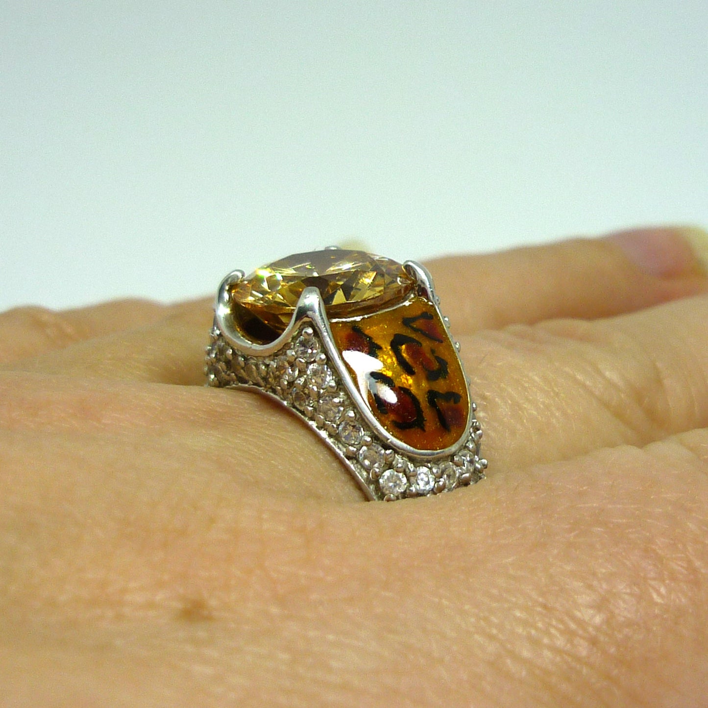 Citrine & CZ Leopard Print Cocktail Ring in Sterling Silver