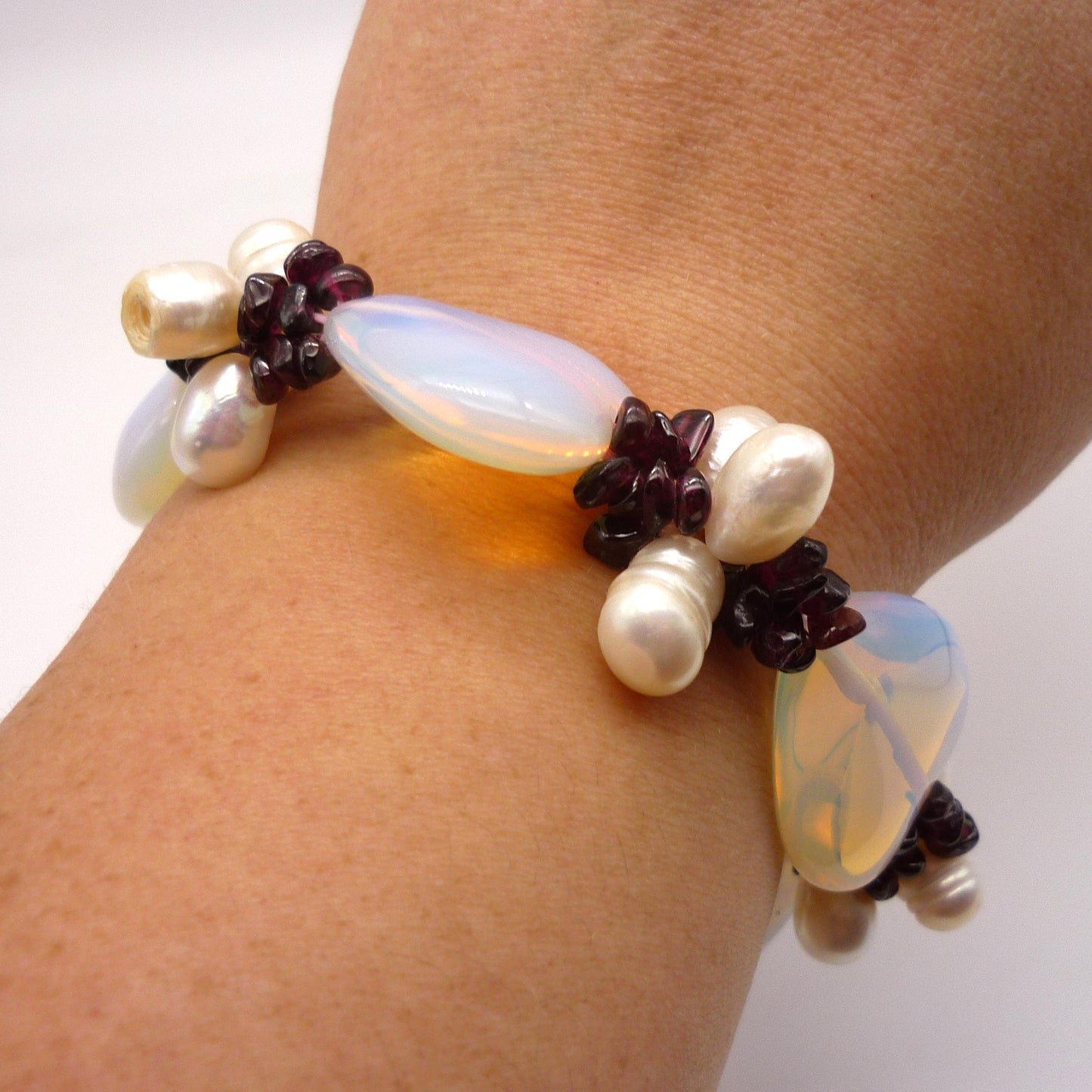 Chunky Opalite Heart, Baroque Pearl and Garnet Bracelet