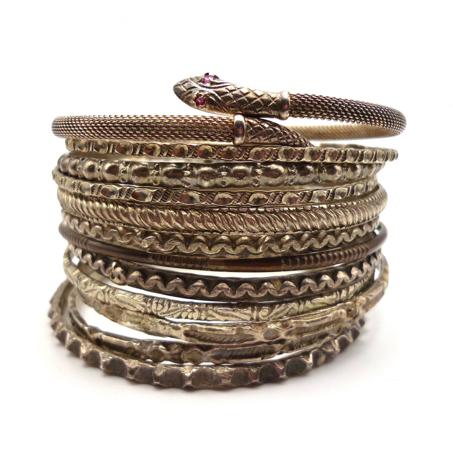 Antique Silver Bangle with Geometric Pattern, Thin Stacking Bracelet