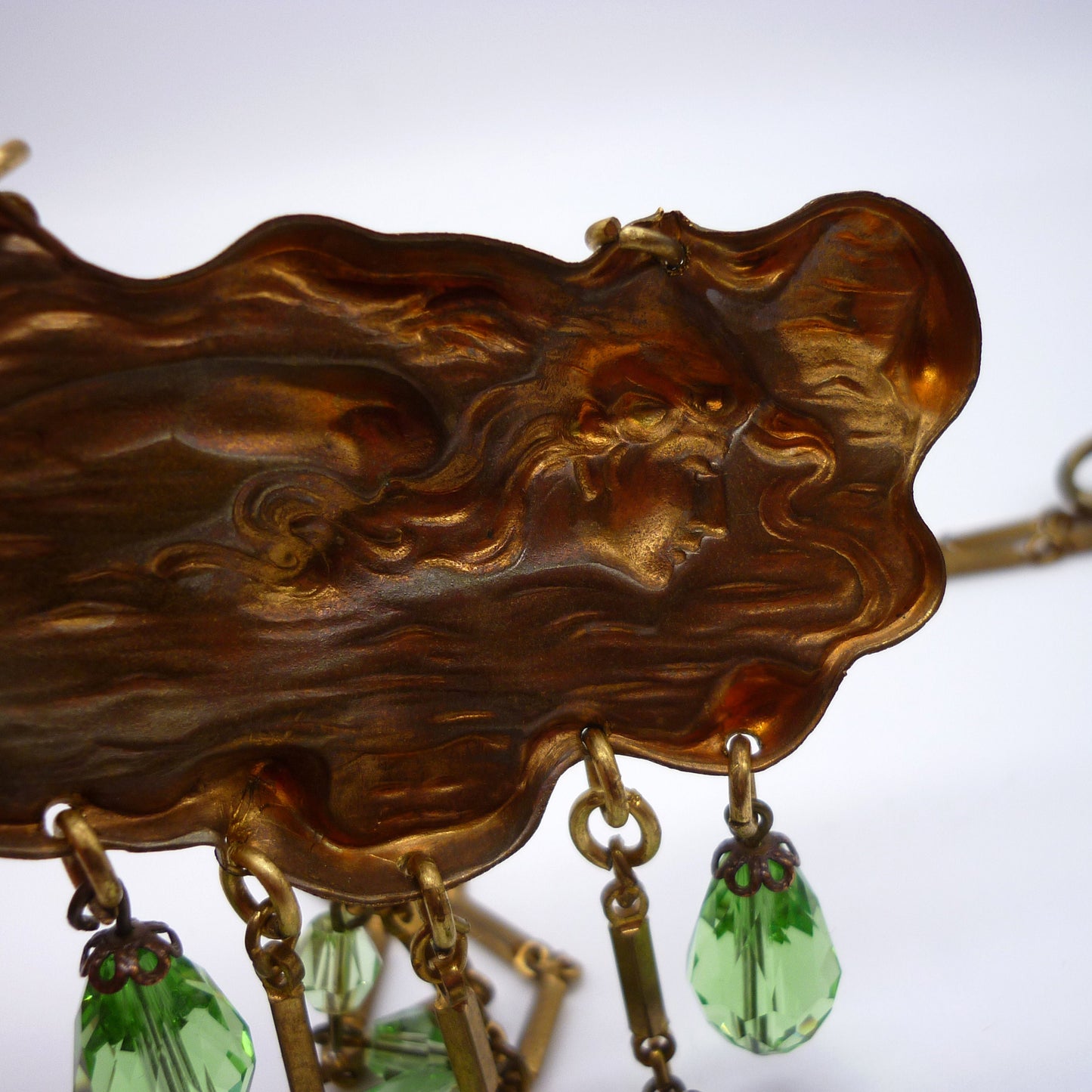 Art Nouveau Pendant Necklace, Repousse Relief Metal Panel with Green Beads