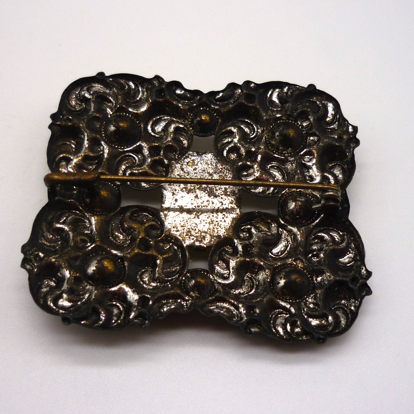Vintage Large Square Hammered Metal Brooch Set With Yellow Stones