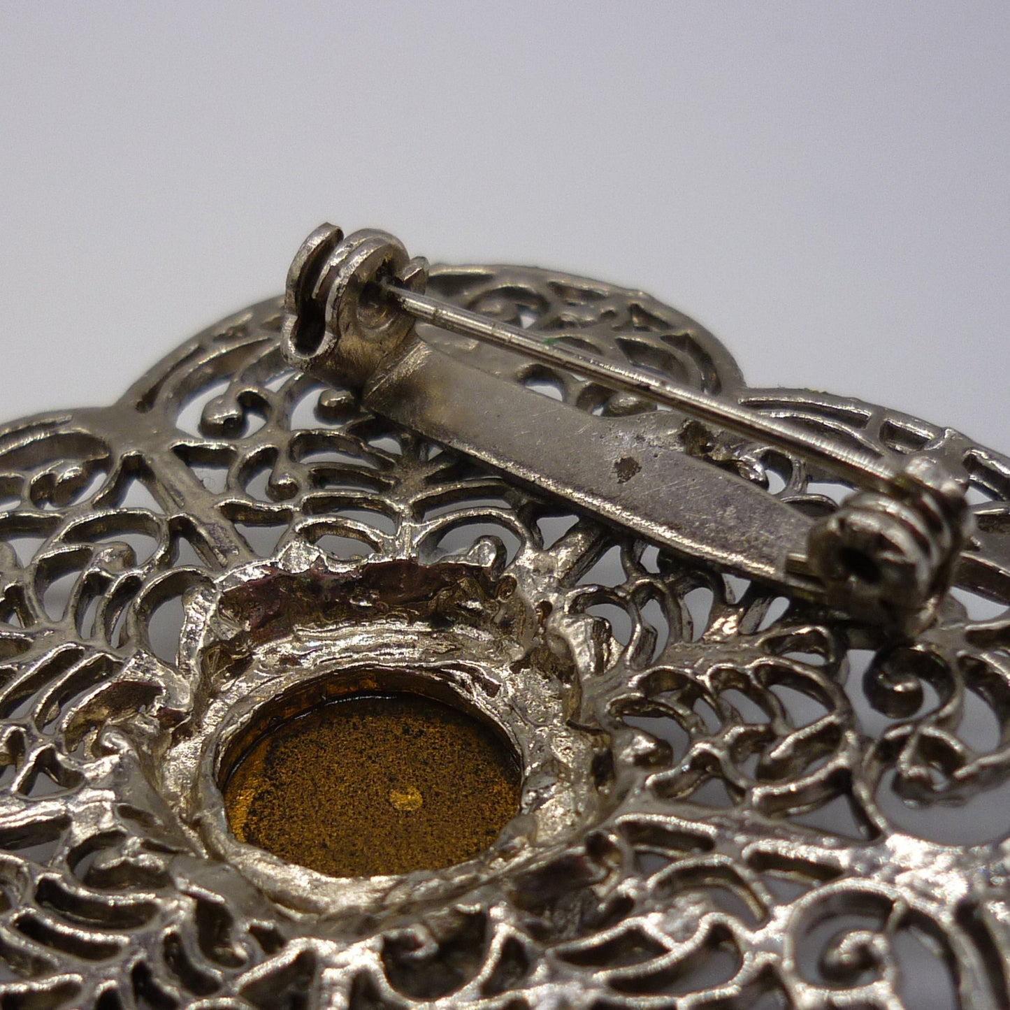 Vintage Filigree Silver Tone Flower Brooch Set With Paste Citrine