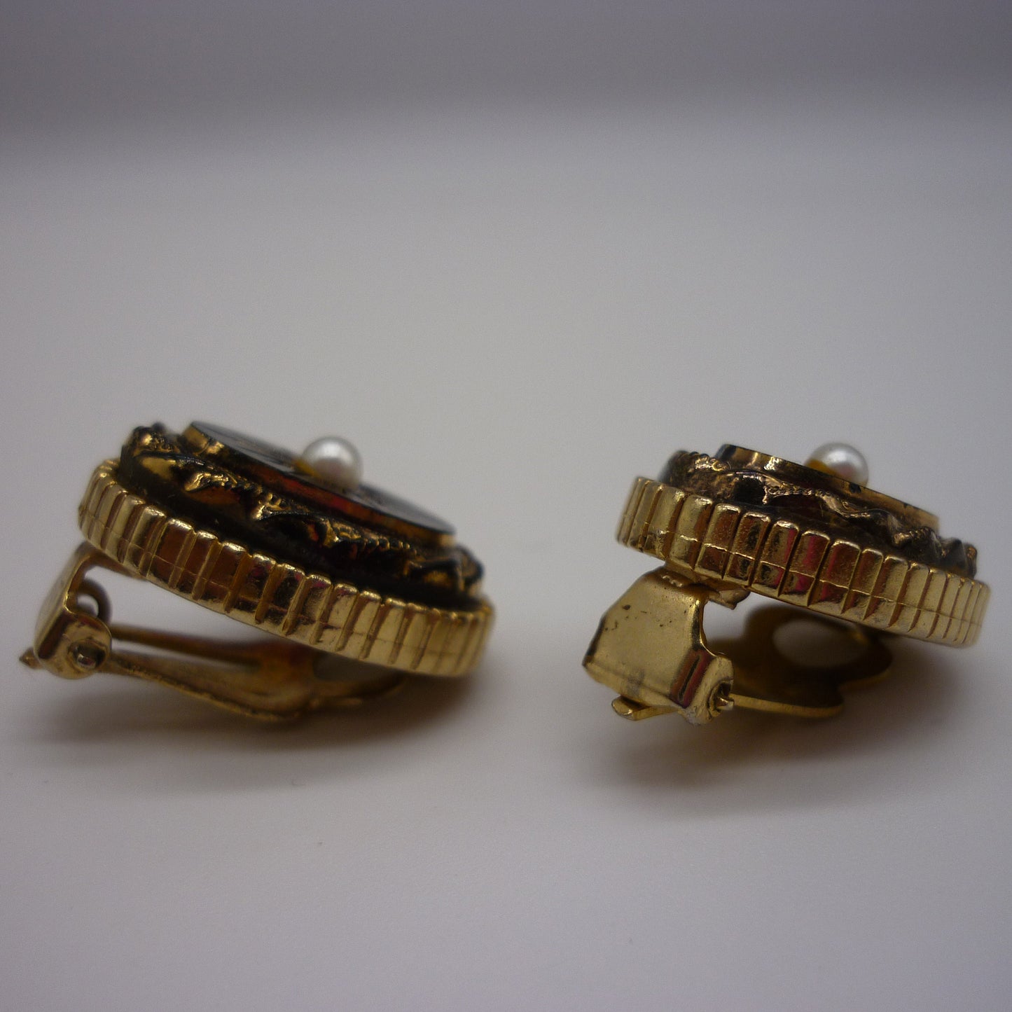 Victorian Revival Black Glass & Faux Pearl Clip on Earrings