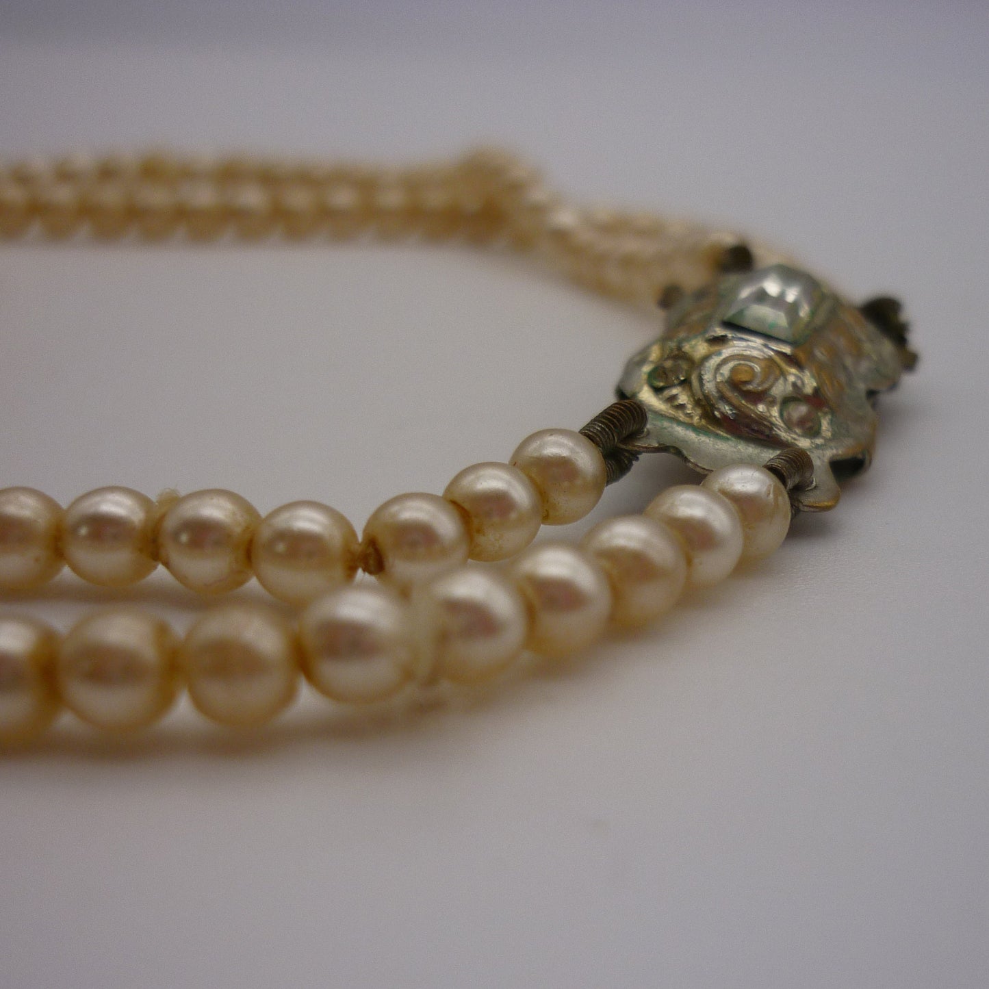 Vintage Double Strand Costume Pearls with Diamante and Emerald Cut Rhinestone Clasp