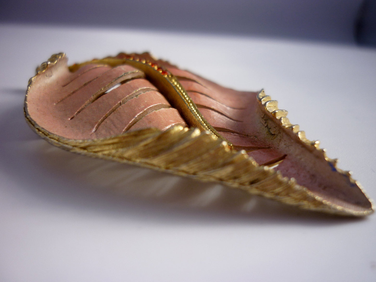 Large Pink Enamel on Gold Leaf Brooch set with Red Stones