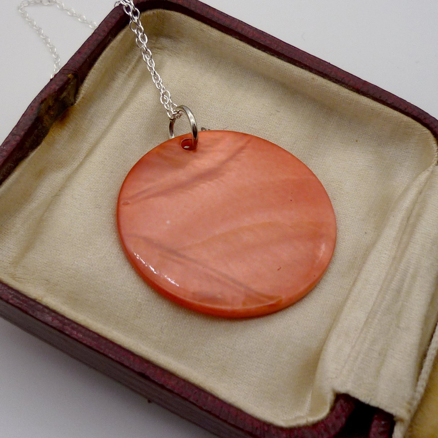 Vintage Orange Round Shell Disc Pendant on Dainty Silver Chain