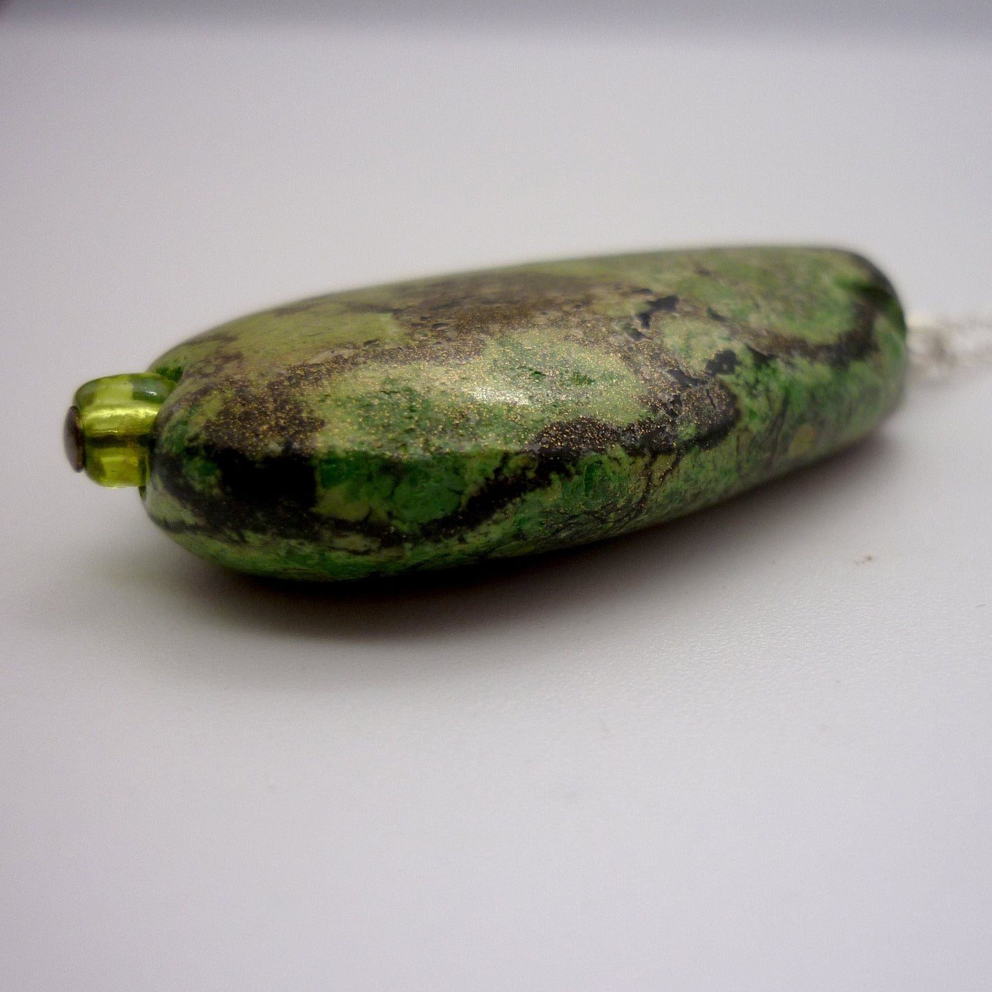 Vintage Marbled Green Teardrop Stone Pendant on Dainty Silver Belcher Chain