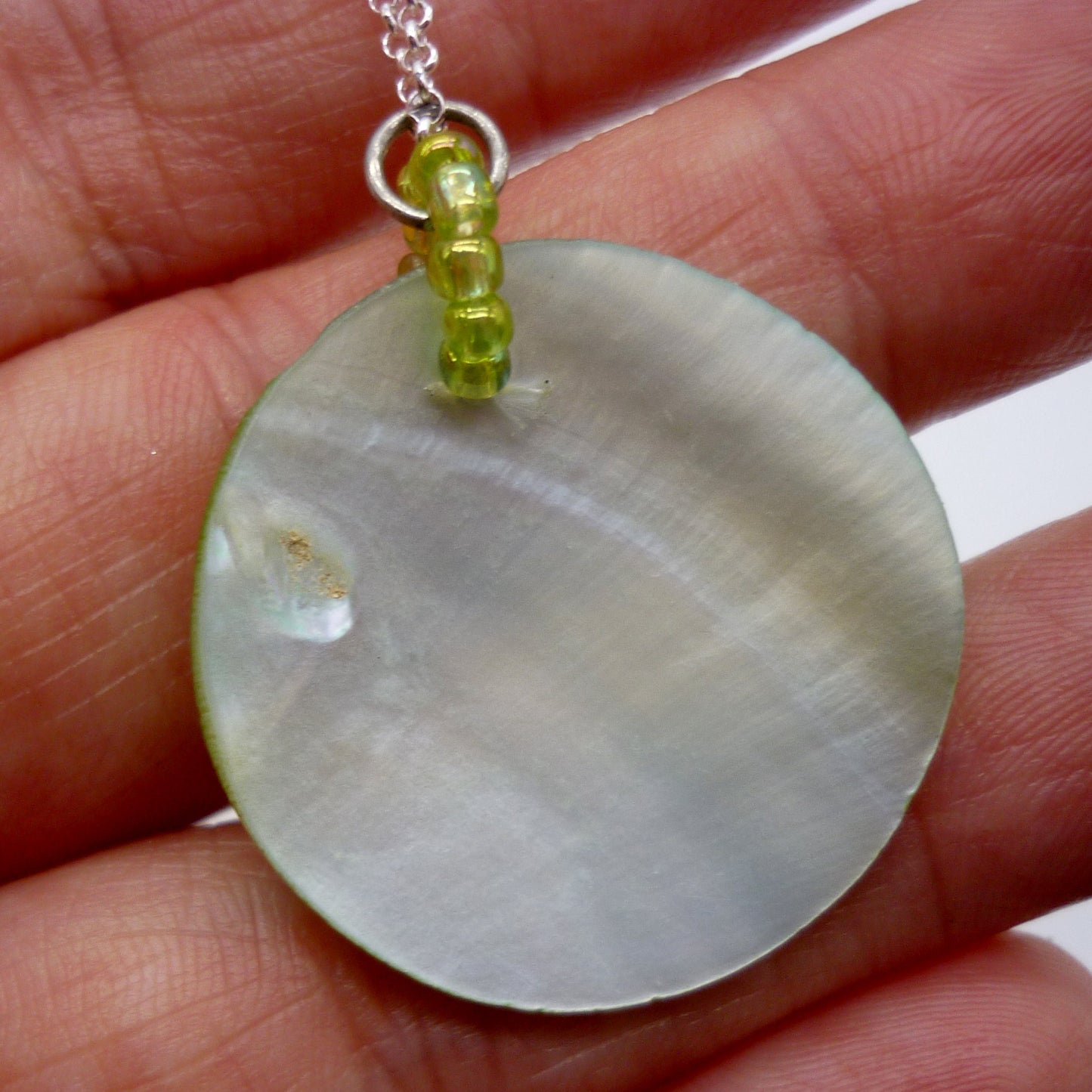 Vintage Small Round Green Shell Disc Pendant on Dainty Silver Chain