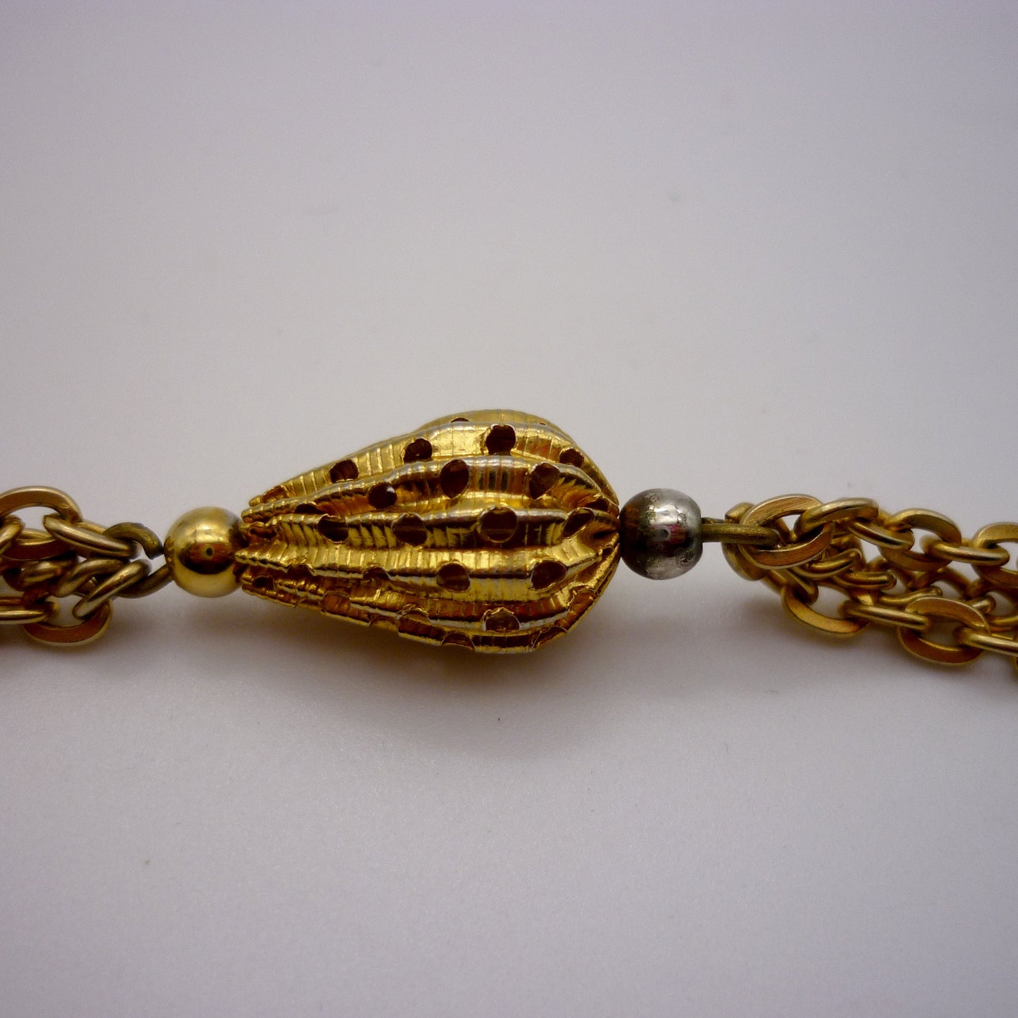 Vintage Gold Plated Triple Strand Chain Necklace with Satellite Pierced Metal Openwork Beads