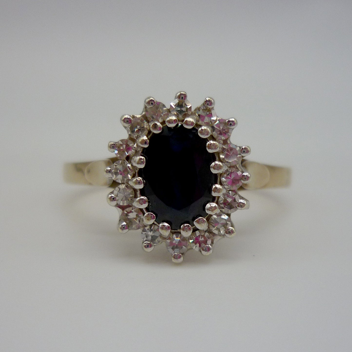 Vintage 9ct Yellow Gold Sapphire Diamond Halo Ring - UK Size N/0