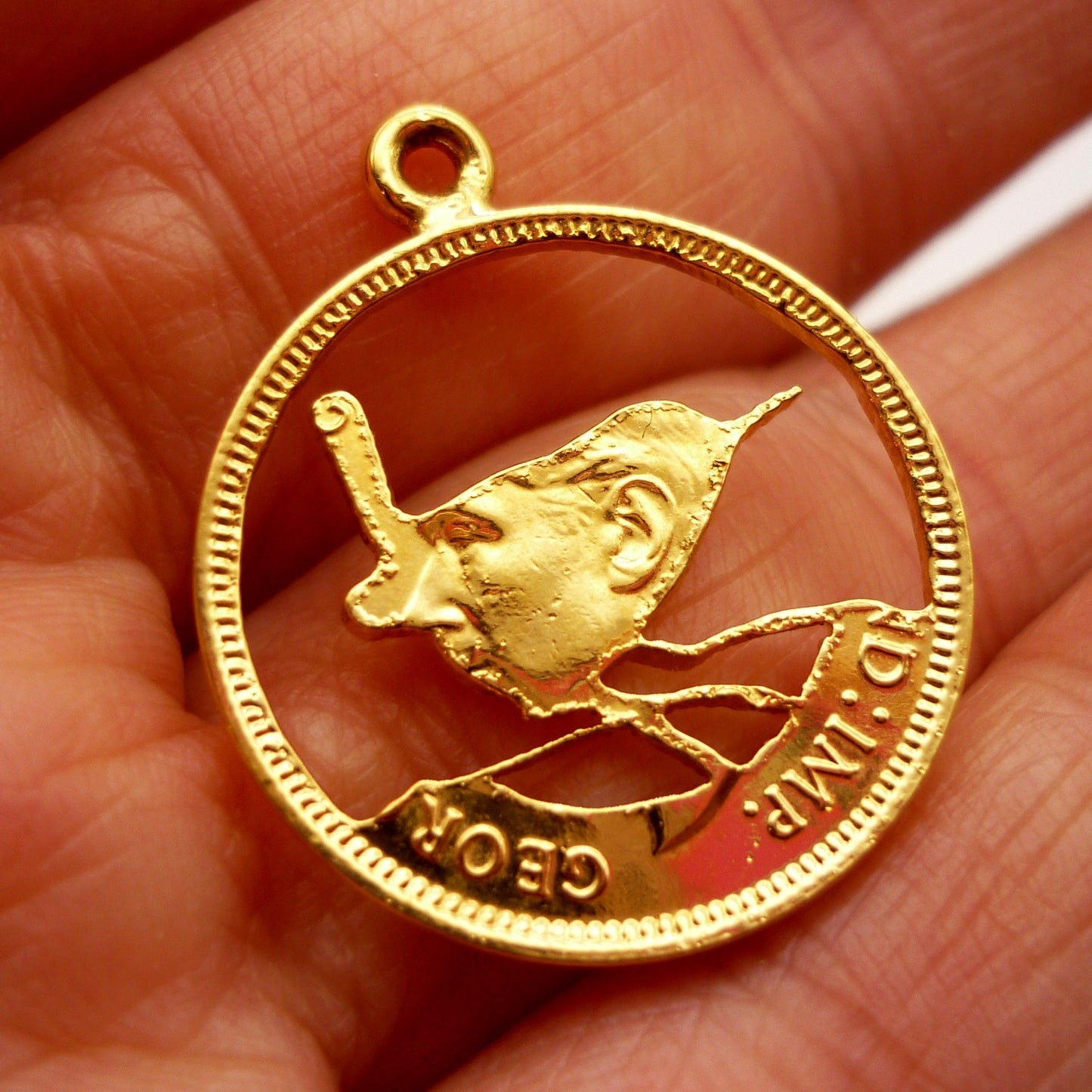 Gold Plated Farthing Wren Pendant, Cut Out Coin Jewellery