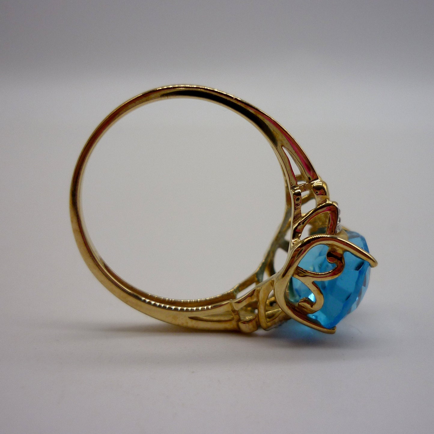 Vintage Swiss Blue Topaz 9k Gold Ring with Diamond Accents, Size 6.75