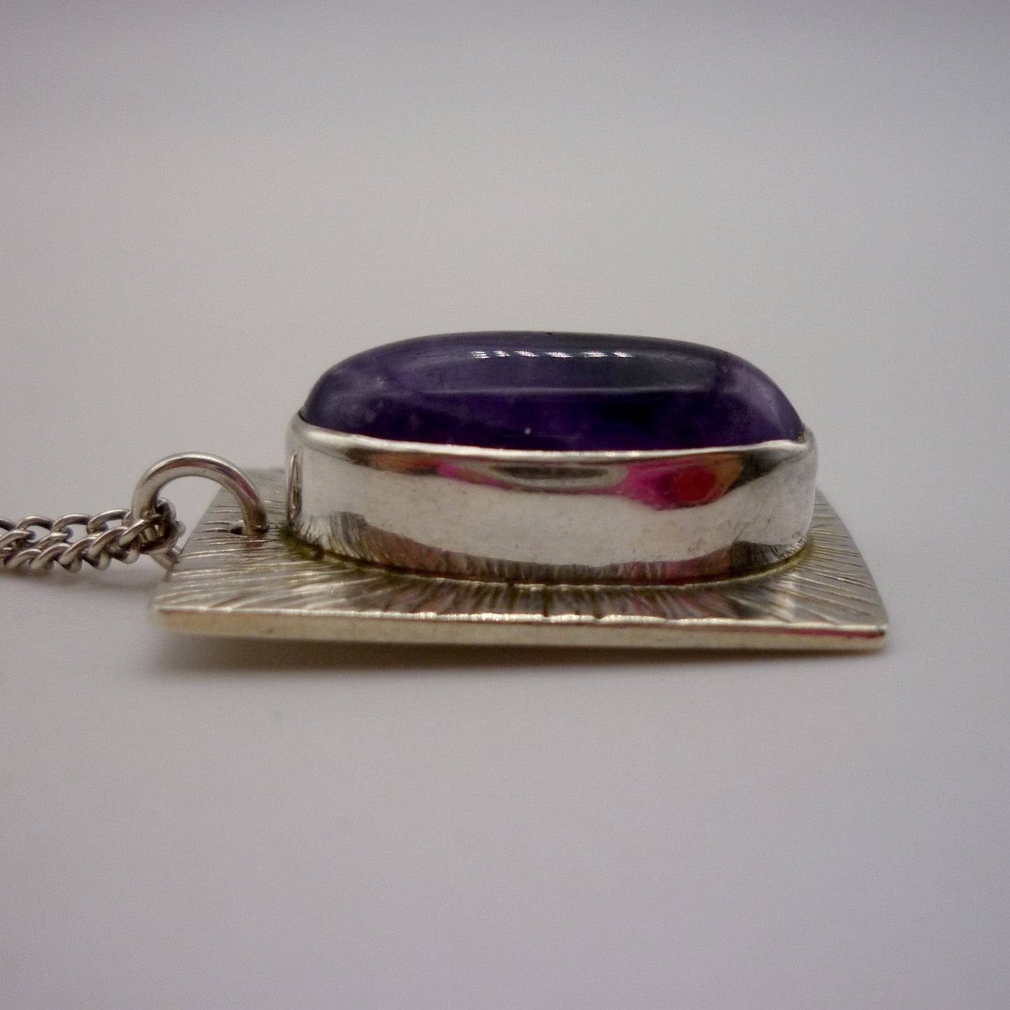 Vintage Silver Rectangle Pendant, Amethyst Cabochon Necklace