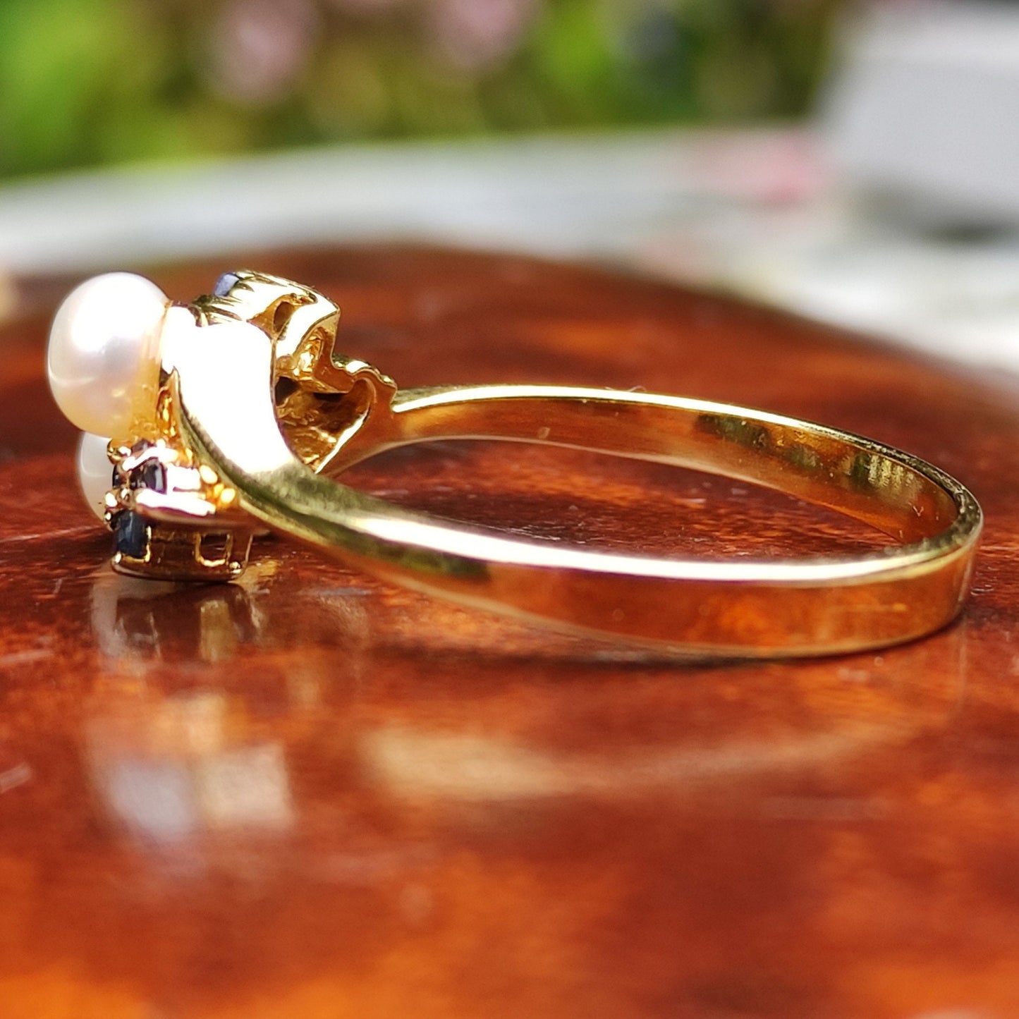 Gold Plated Pearl & Sapphire Ring Size 10.5