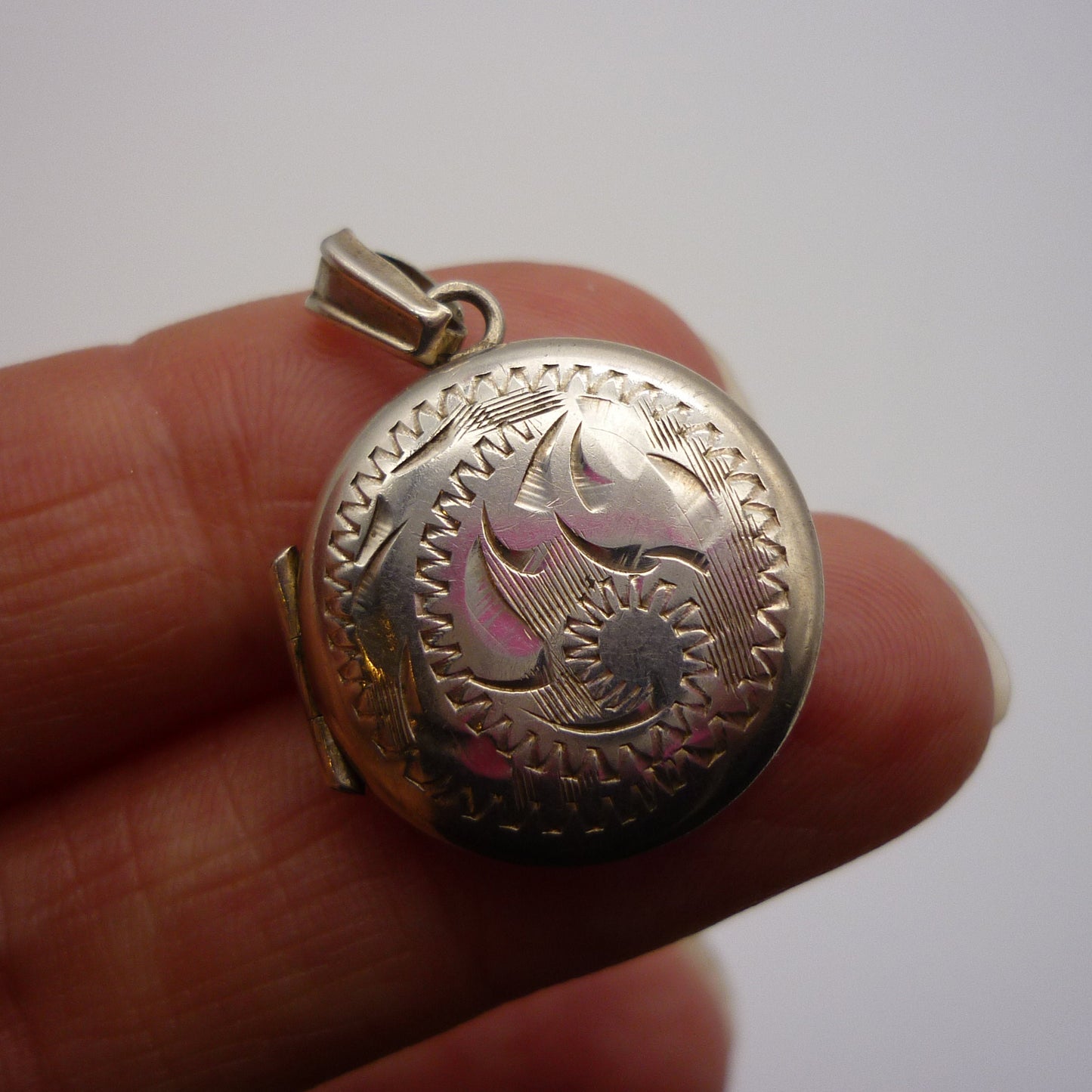 Small Round Photo Locket on Long Silver Chain with Dog Clip Clasp