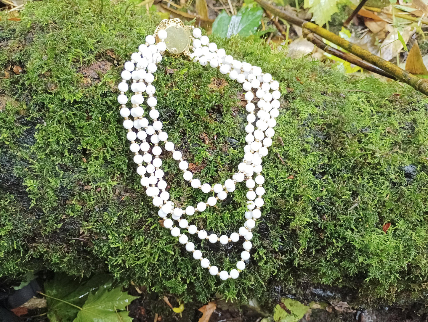 Vintage Faux Pearl Multi-Strand Necklace: Rose Clasp Bohemian Jewelry