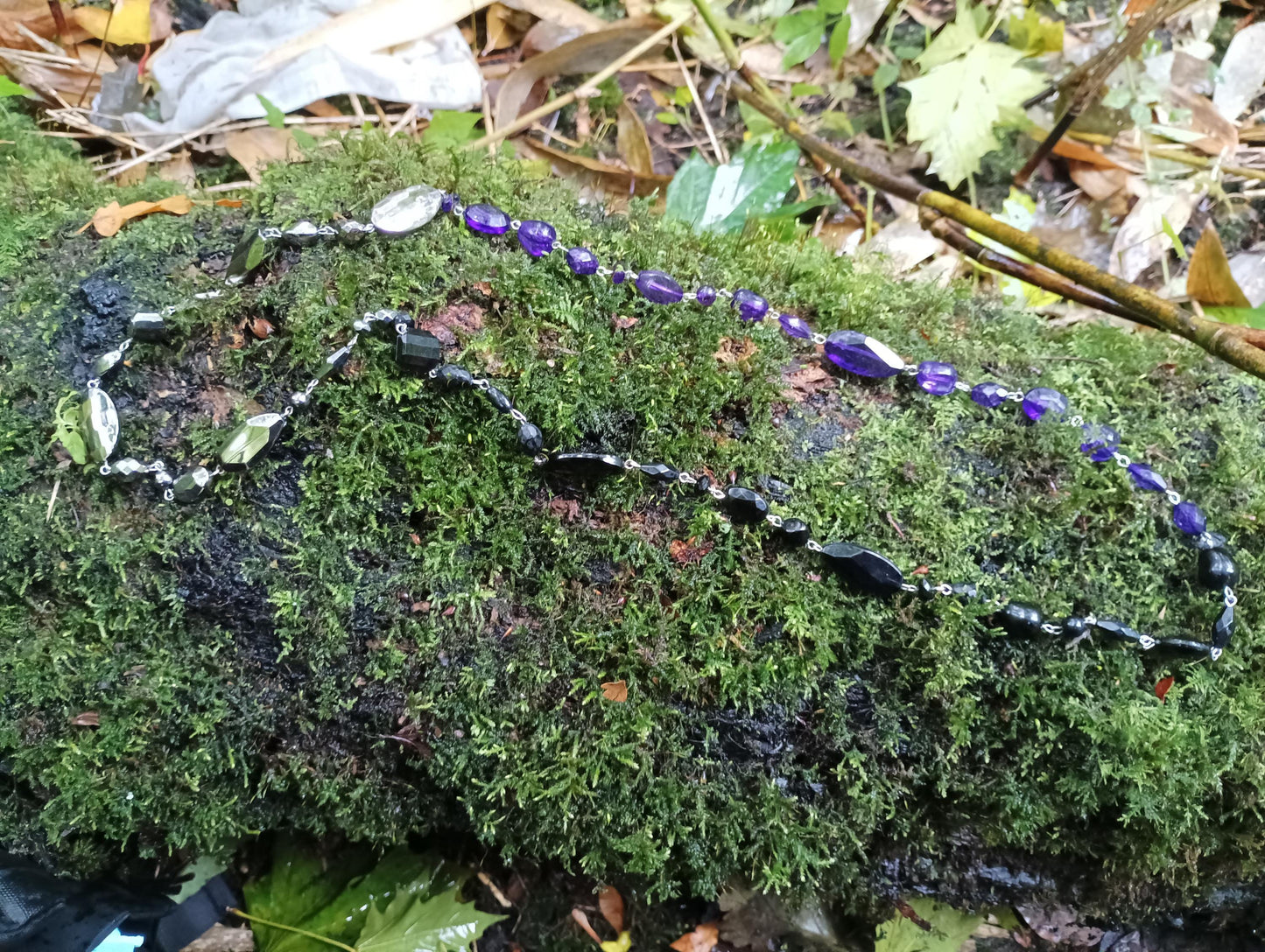 Long Plastic Bead Necklace: Black, Purple & Silver Statement Jewelry
