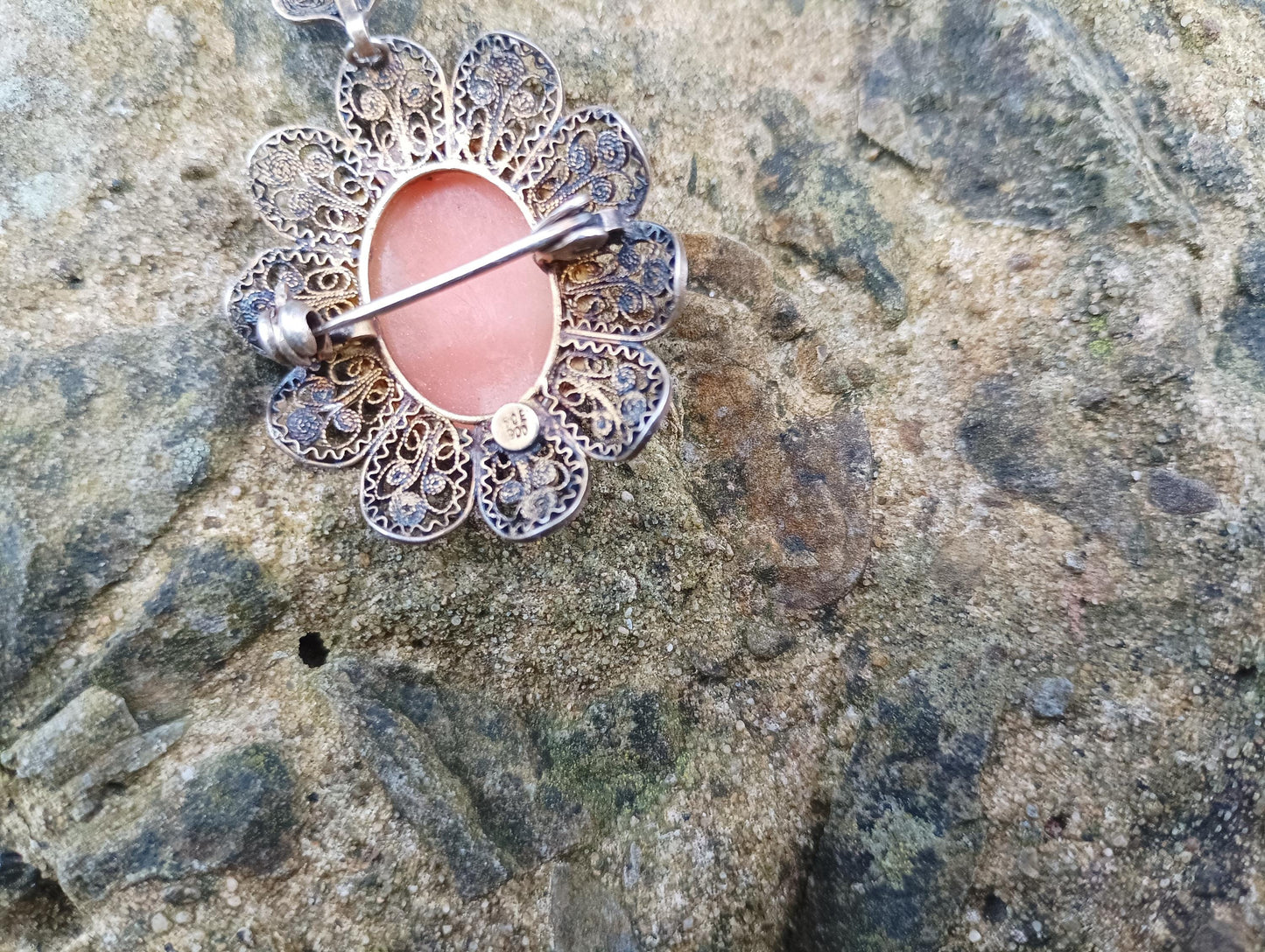 Antique Cameo Brooch Pendant: Edwardian 900 Silver Filigree, Gold Plated Shell