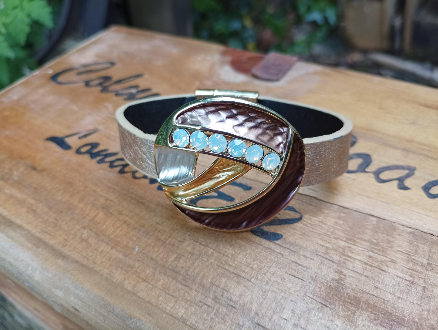 Vintage 1980s Bangle Bracelet: Retro Magnetic Clasp, Peach Rhinestones