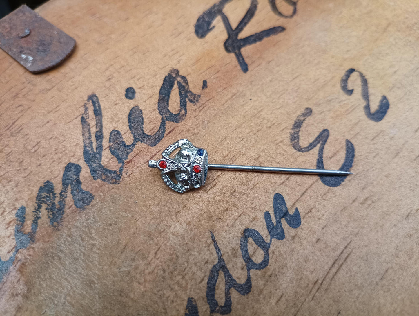 Vintage Crown Stick Pin: Silver Tone Red White Blue Rhinestones