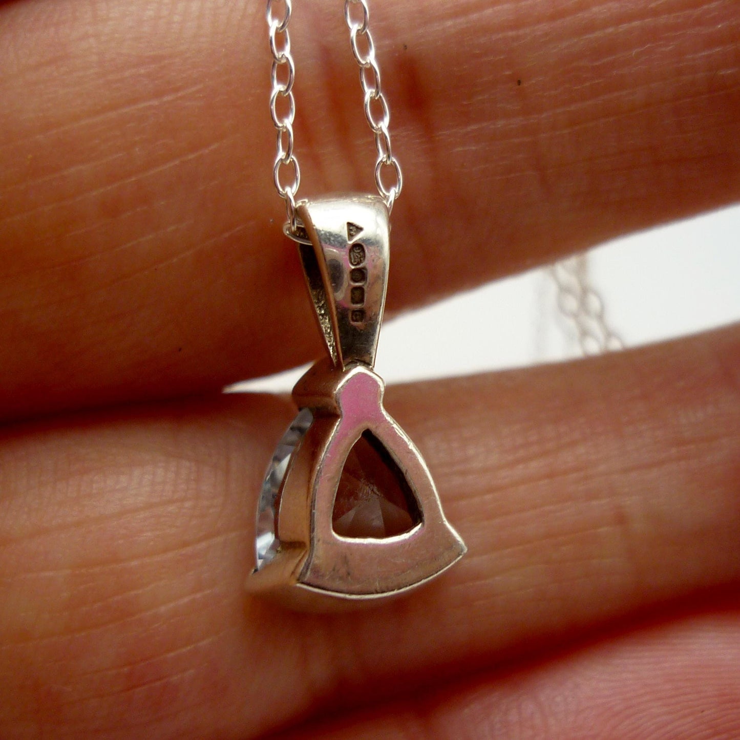 Vintage Silver Blue Topaz Pendant on Chain, Trillion Cut Gemstone