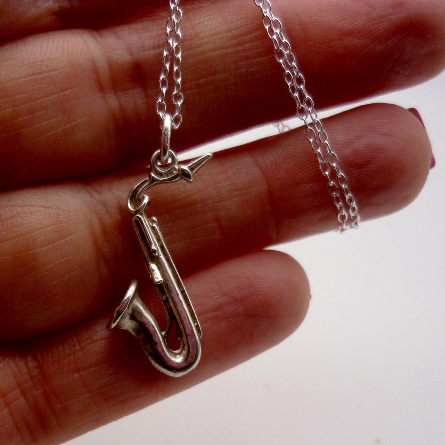 Silver Saxophone Necklace, Musical Instrument Charm Pendant on Chain