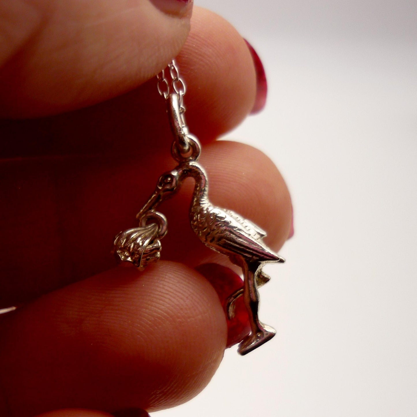 Vintage Silver Stork and Bundle Charm Necklace, New Baby Pregnancy Gift