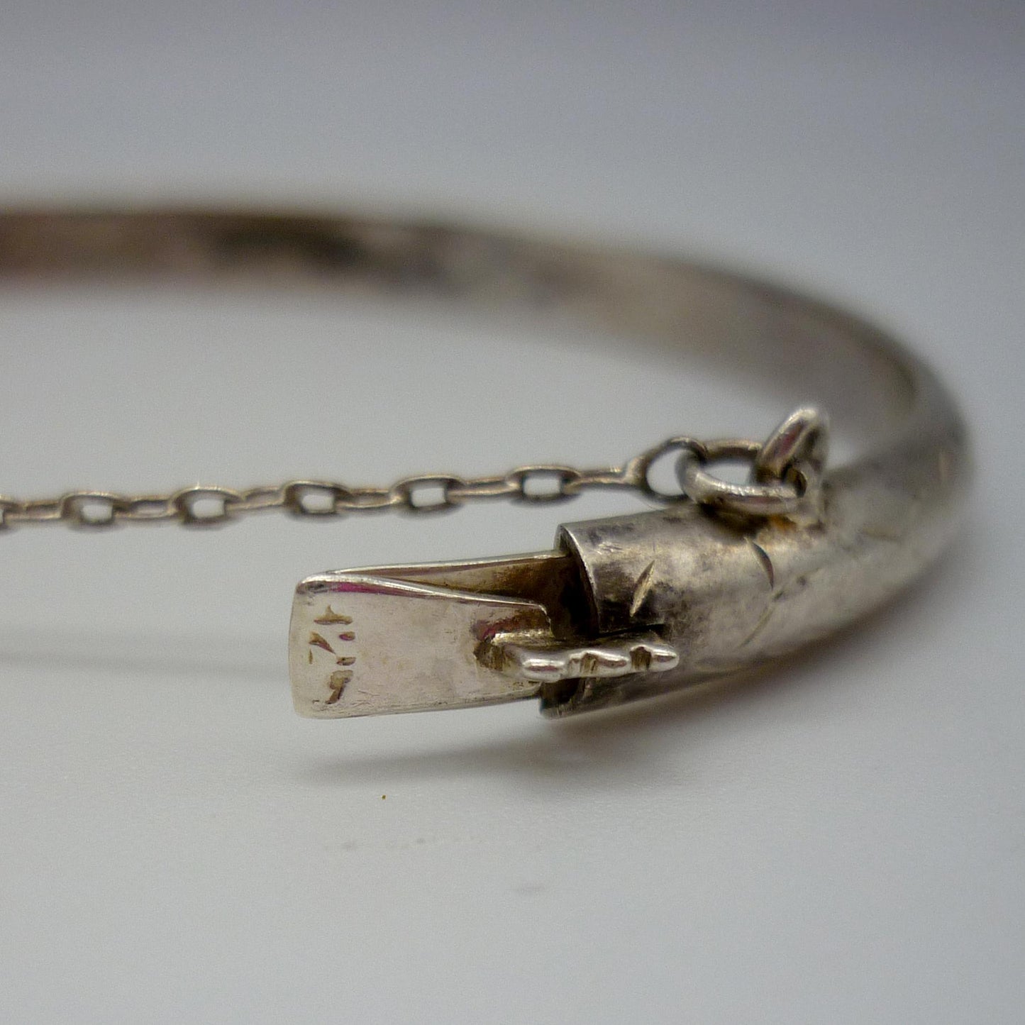 Small Silver Stacking Bangle, Engraved Pattern Bracelet with Safety Chain
