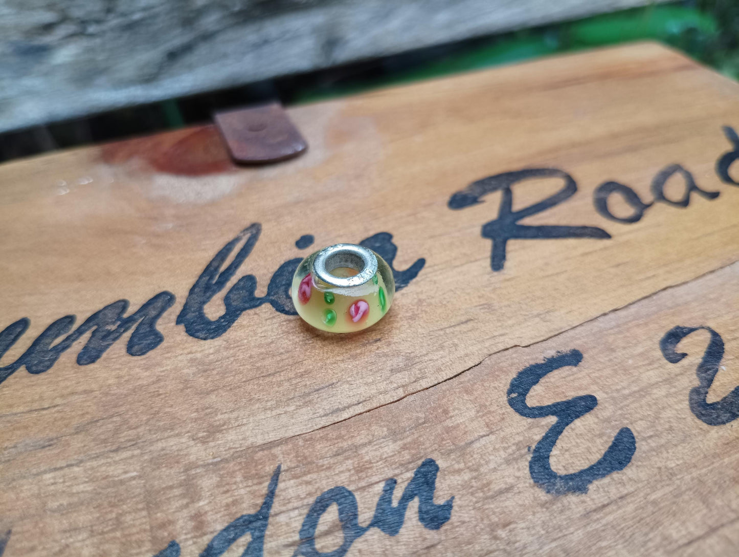 Vintage Pandora Style Murano Glass Charm Bead: Pink & Green Swirl, Sterling Silver