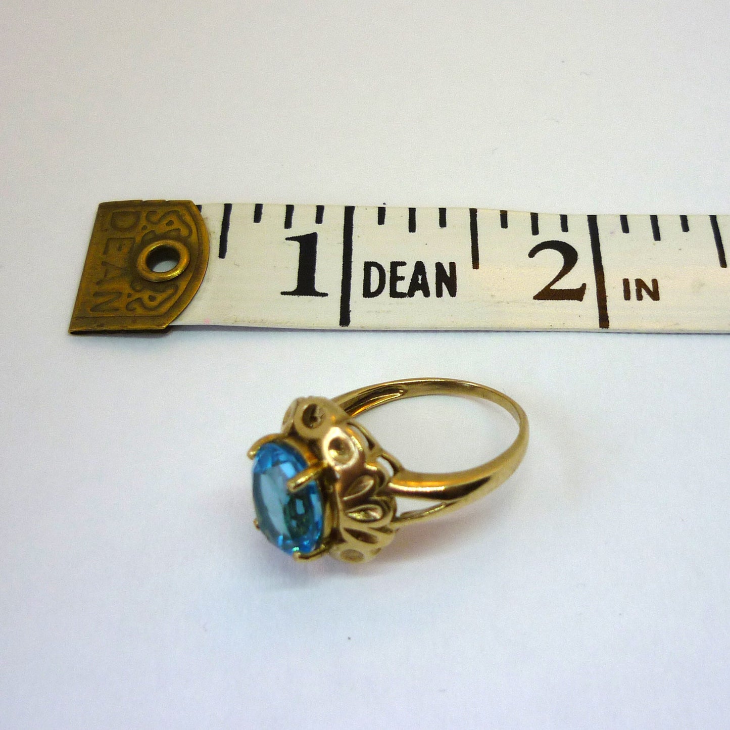 9k Gold Blue Topaz Ring: Filigree Statement Ring, Size 6.25