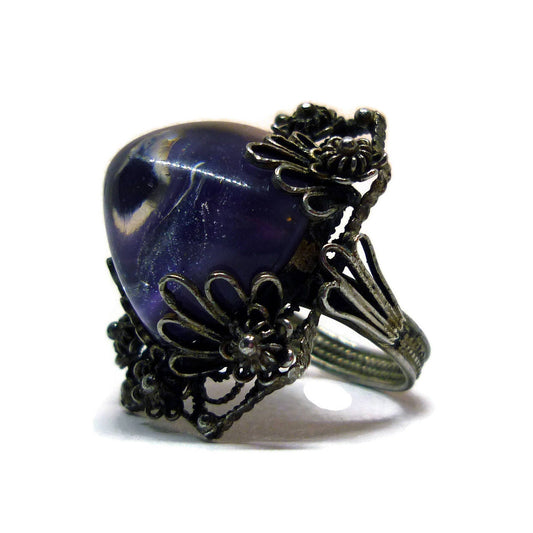Vintage Amethyst Cabochon Ring: Ornate Filigree, Boho Jewelry, Size 7