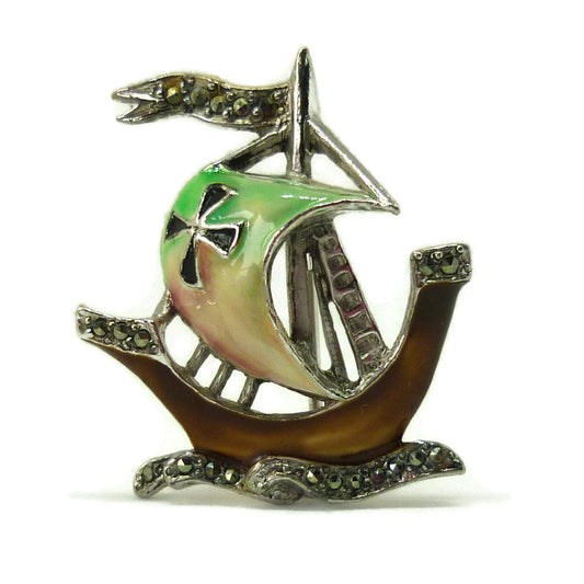 Enamel & Marcasite Viking Ship Brooch, 1950's Jewellery Vintage Boat Pin