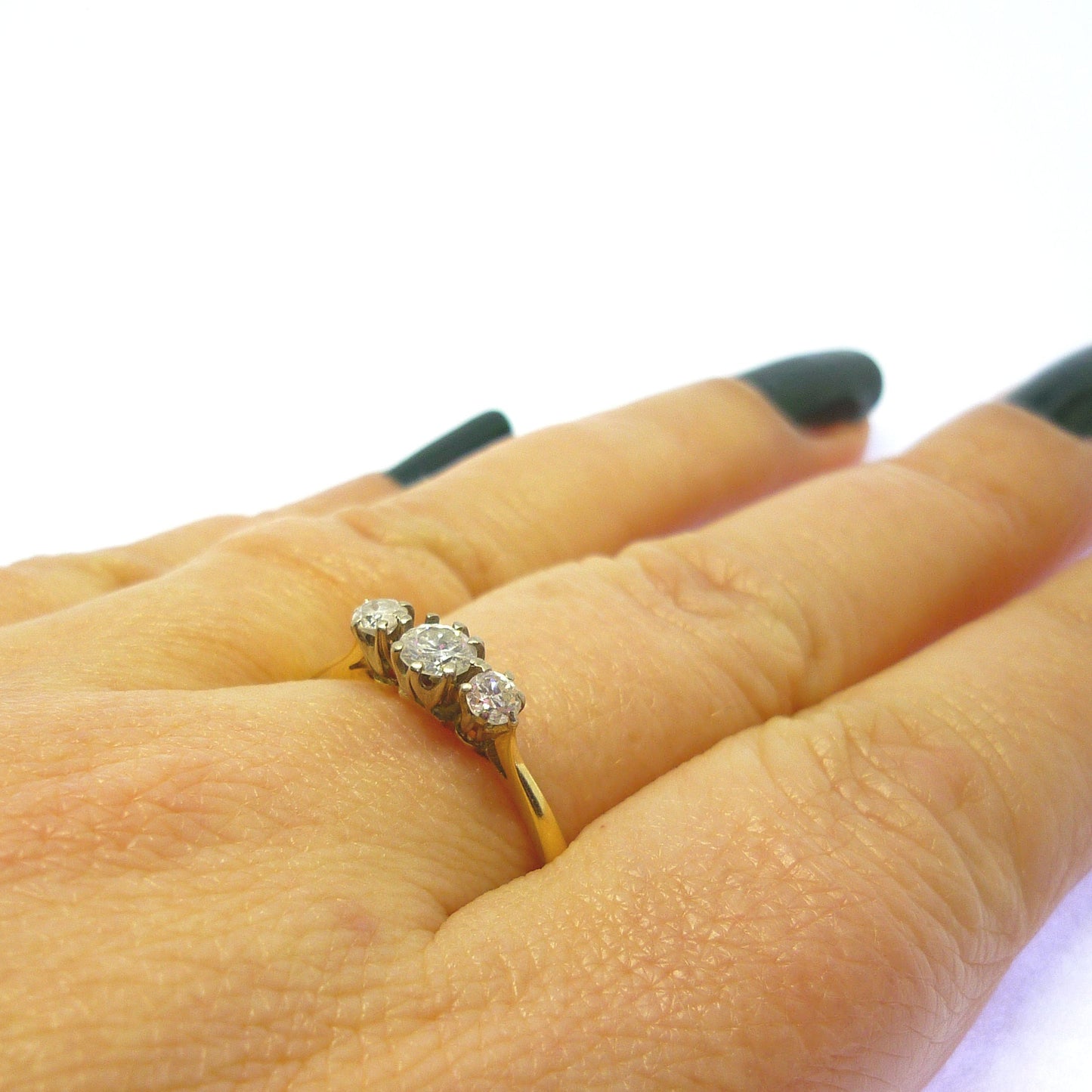 Diamond Trilogy Ring, Thin Gold Band Size 8.75 Size R