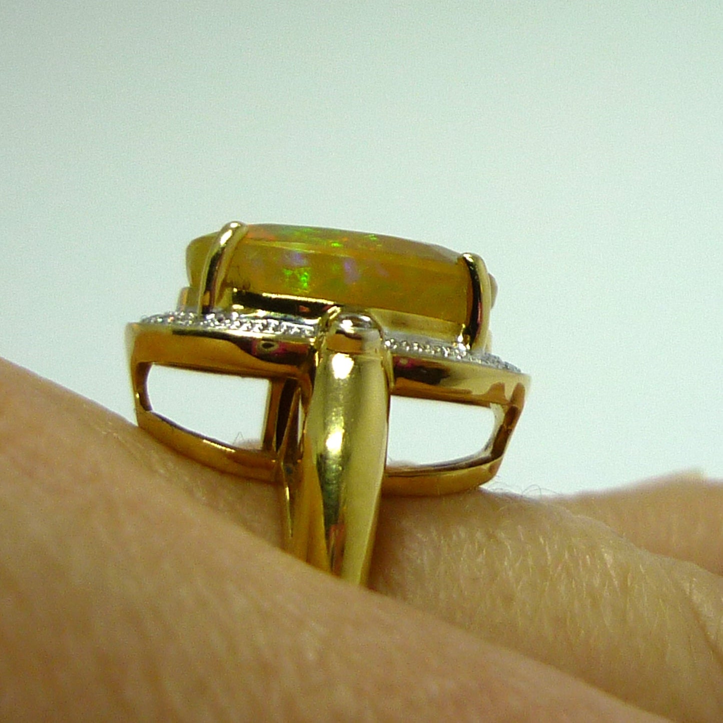 Faceted Opal Ring with Diamond Surround, 18k Gold Dress Ring Size 6.75
