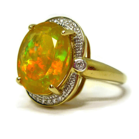 Faceted Opal Ring with Diamond Surround, 18k Gold Dress Ring Size 6.75