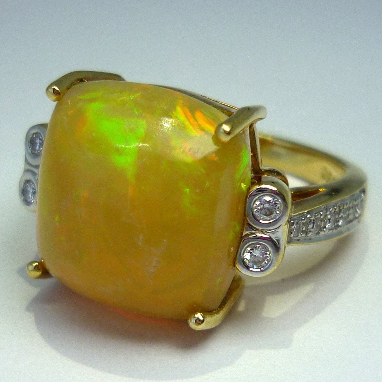 Large Yellow Opal Cabochon Ring with Diamonds in 18k Yellow Gold