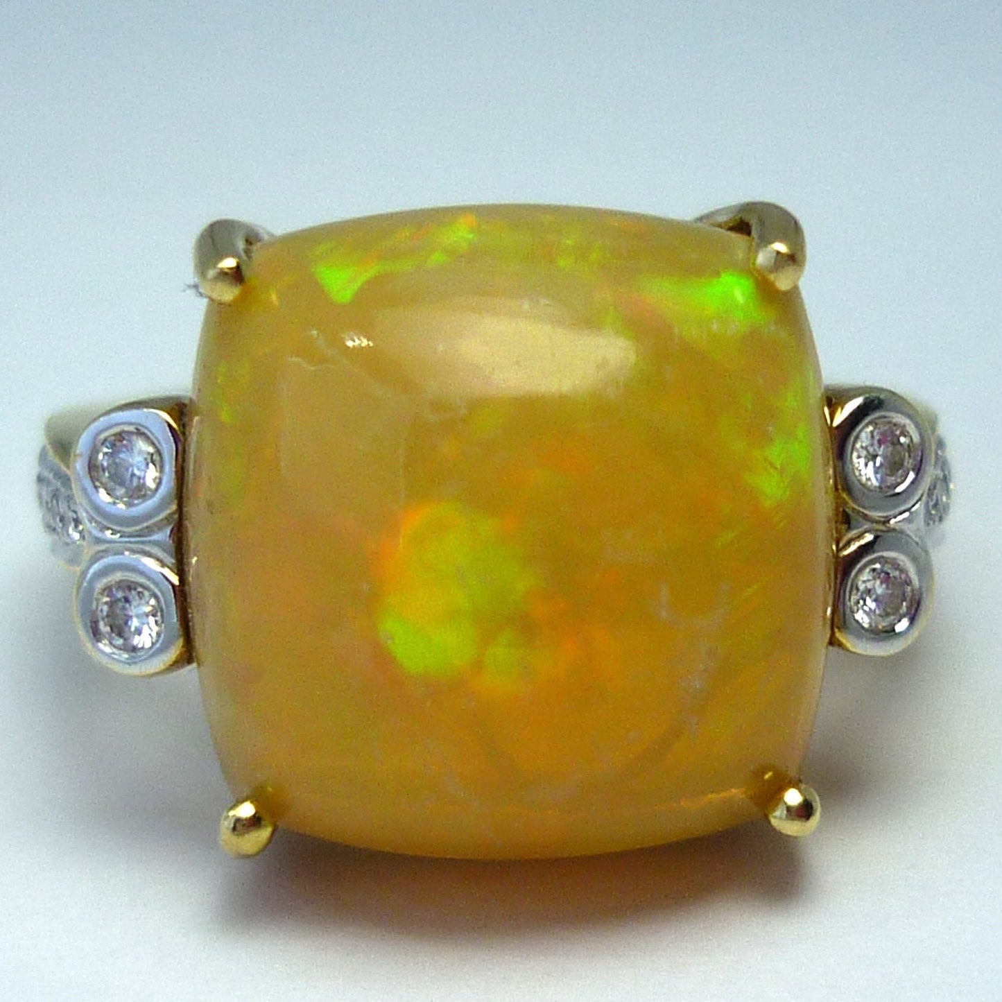 Large Yellow Opal Cabochon Ring with Diamonds in 18k Yellow Gold