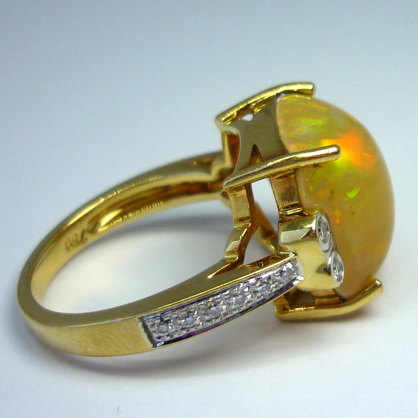 Large Yellow Opal Cabochon Ring with Diamonds in 18k Yellow Gold
