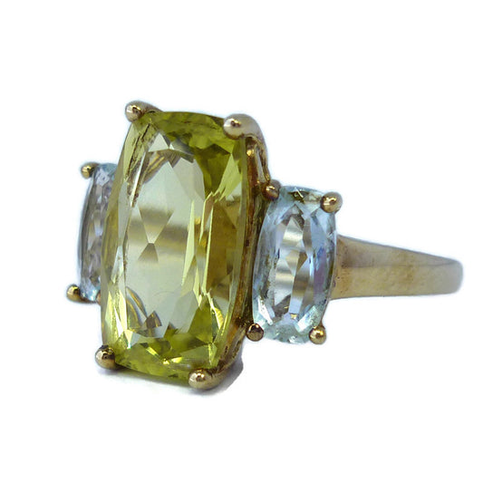 Yellow Green Tourmaline Ring with Pale Blue Gemstones, 3 Stone Engagement Ring Size 9.25