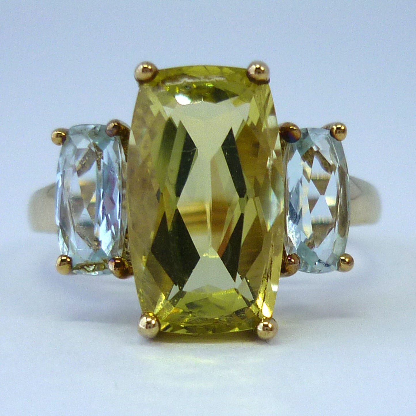 Yellow Green Tourmaline Ring with Pale Blue Gemstones, 3 Stone Engagement Ring Size 9.25