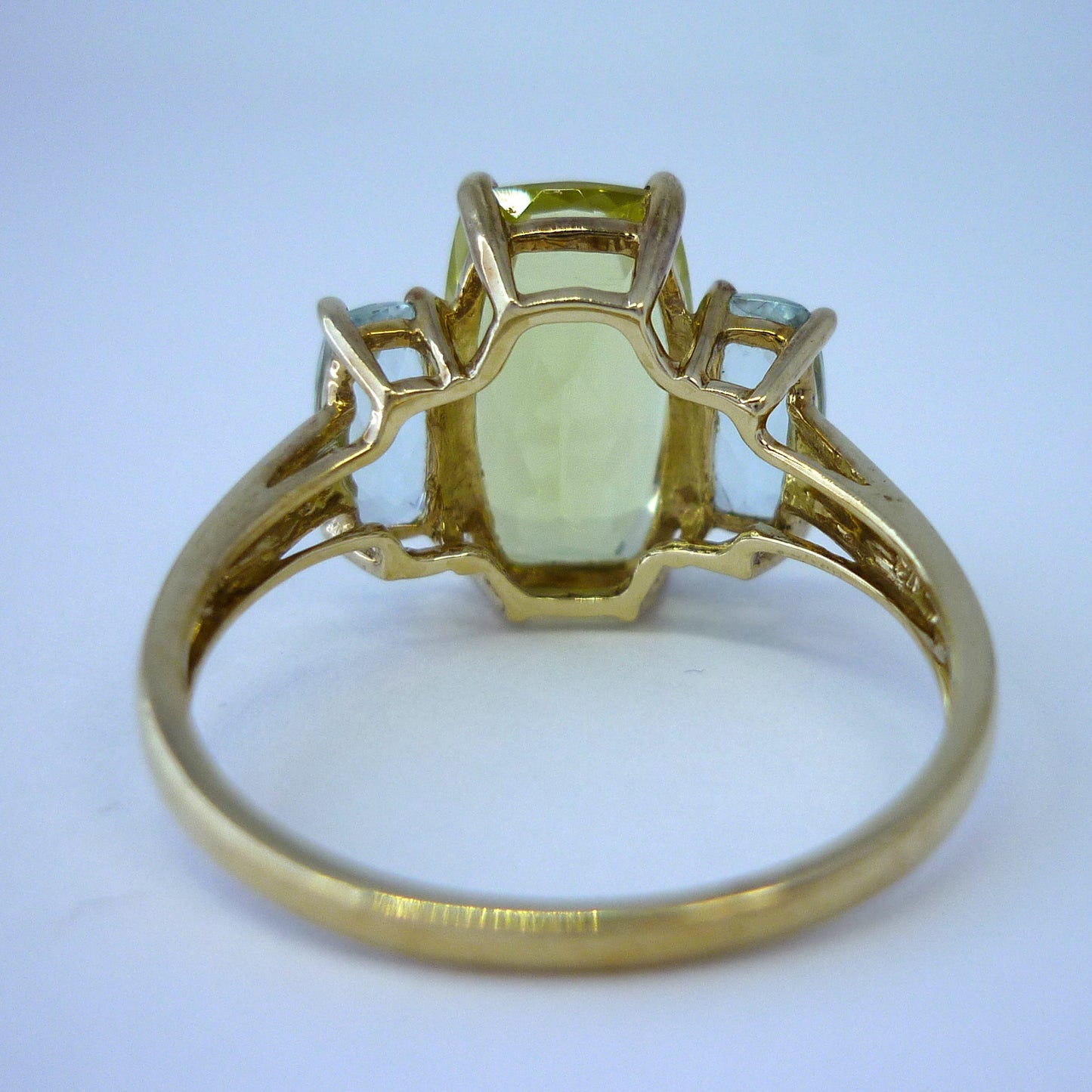 Yellow Green Tourmaline Ring with Pale Blue Gemstones, 3 Stone Engagement Ring Size 9.25