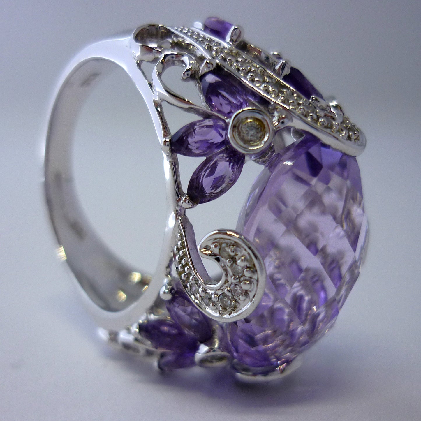 Large Amethyst & Diamond Statement Ring Size 8.75