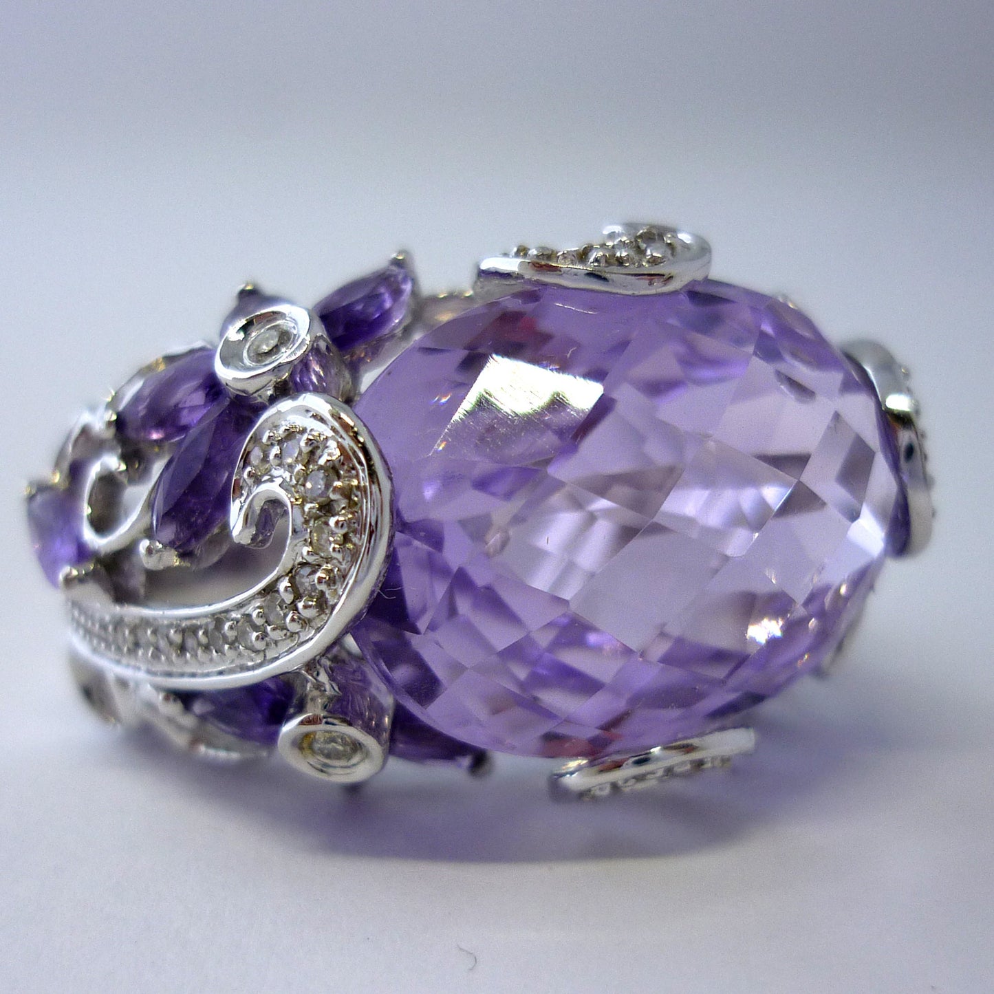 Large Amethyst & Diamond Statement Ring Size 8.75