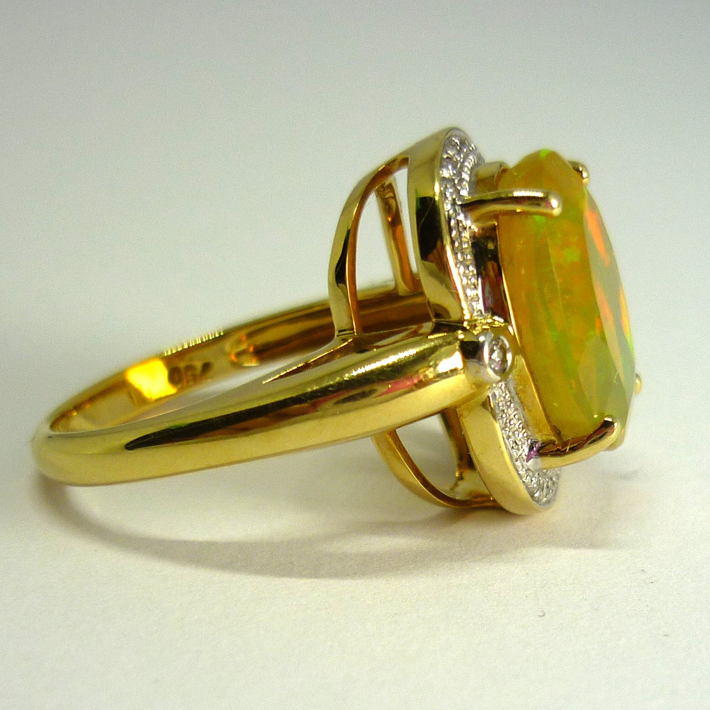 Faceted Opal Ring with Diamond Surround, 18k Gold Dress Ring Size 6.75