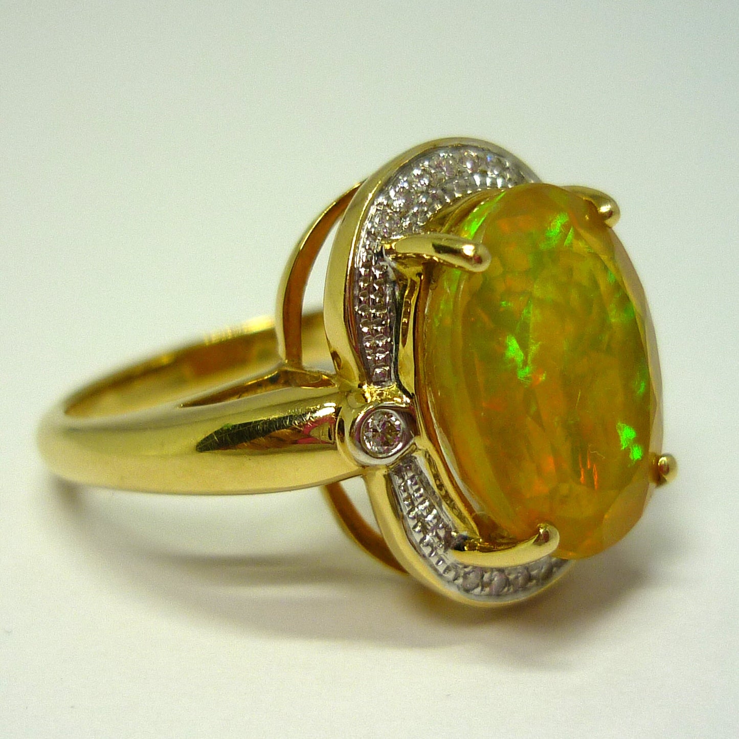 Faceted Opal Ring with Diamond Surround, 18k Gold Dress Ring Size 6.75