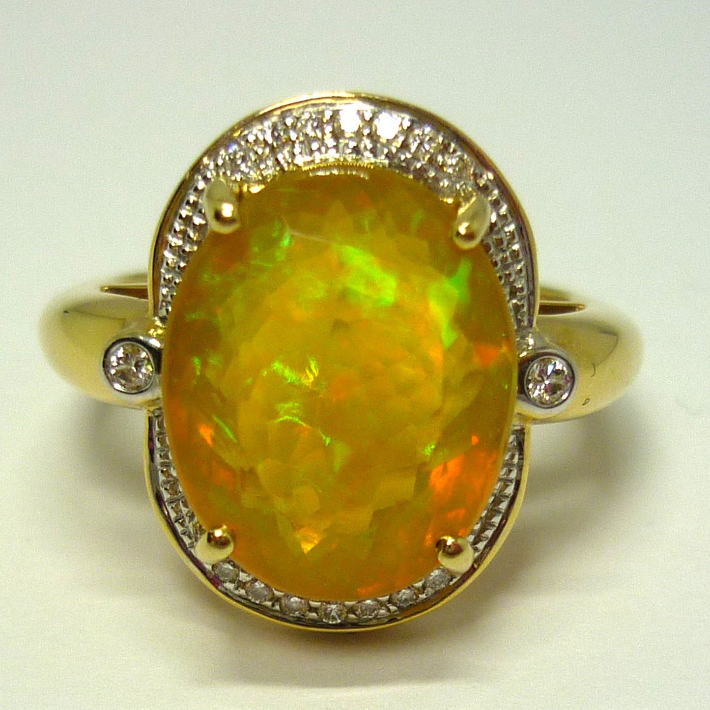 Faceted Opal Ring with Diamond Surround, 18k Gold Dress Ring Size 6.75