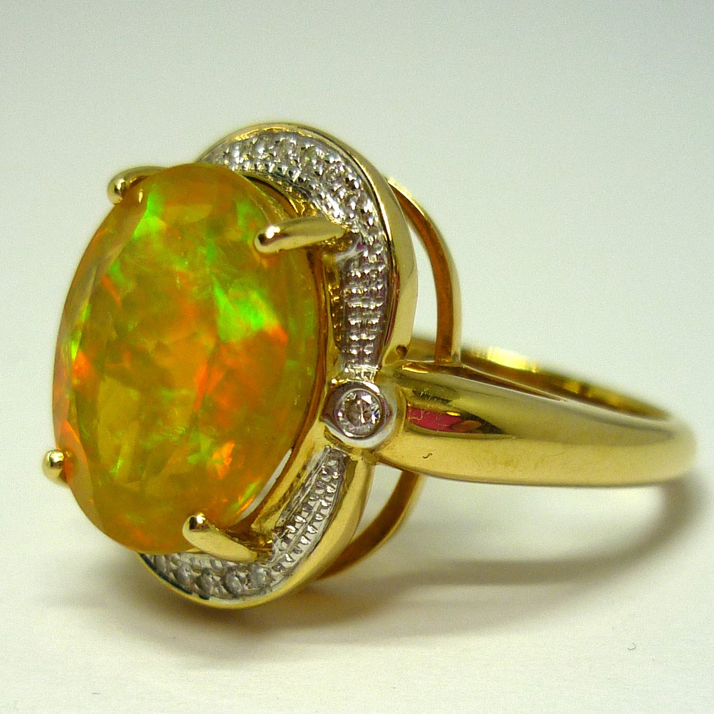 Faceted Opal Ring with Diamond Surround, 18k Gold Dress Ring Size 6.75