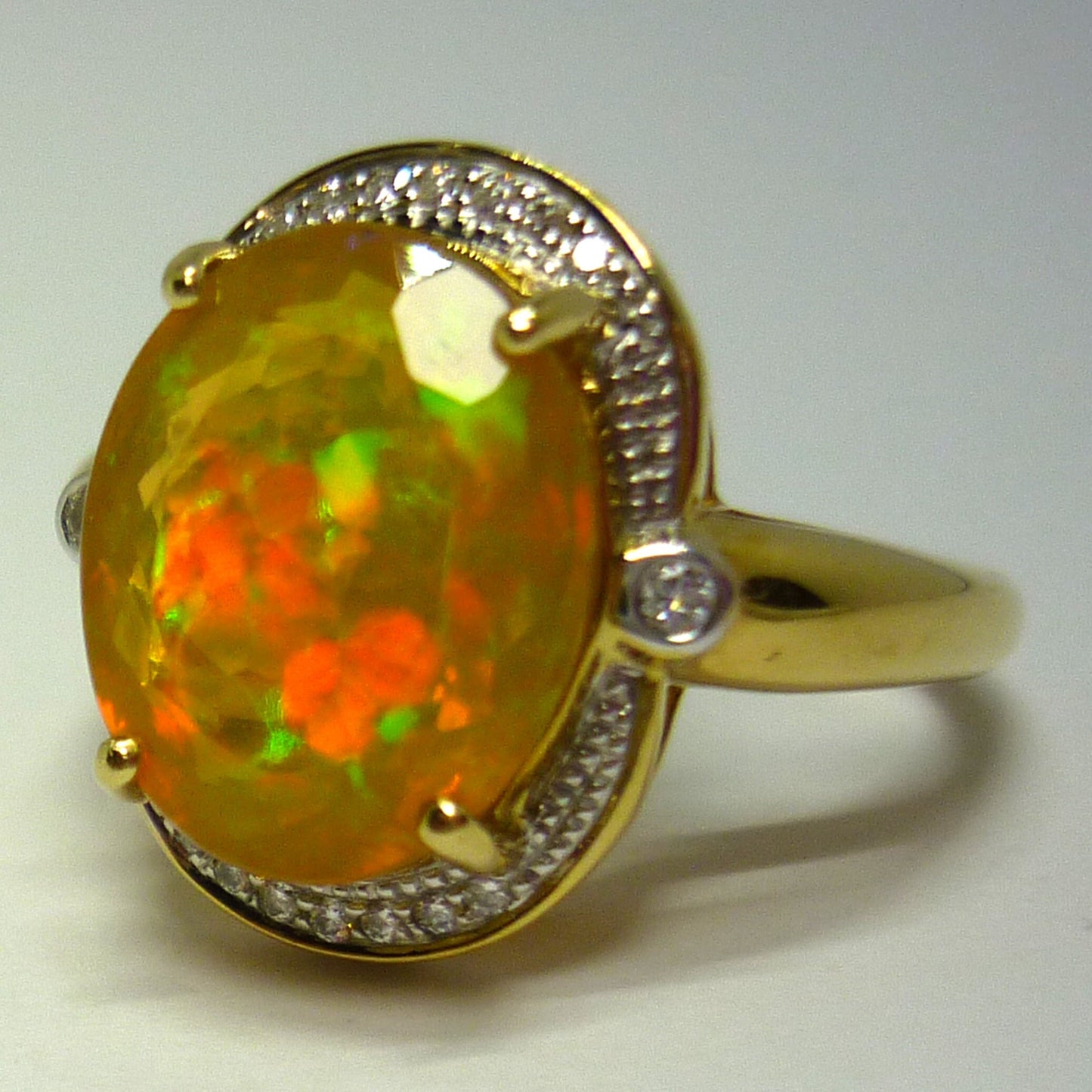 Faceted Opal Ring with Diamond Surround, 18k Gold Dress Ring Size 6.75