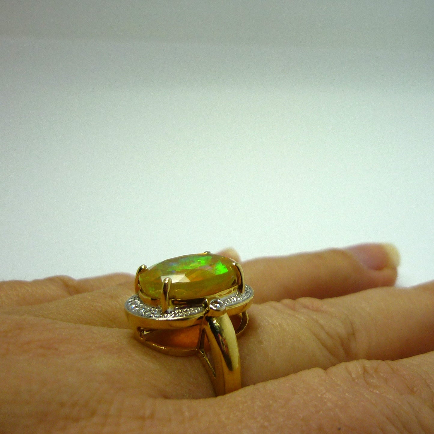 Faceted Opal Ring with Diamond Surround, 18k Gold Dress Ring Size 6.75